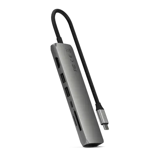 HUB USB Multiport Slim Satechi ST-P7SM 7-in-1, USB-C PD 100 W, 2 x USB 3.2, USB Type-C, Card Reader, HDMI 4K, RJ-45 Ethernet Gigabit (Gri)