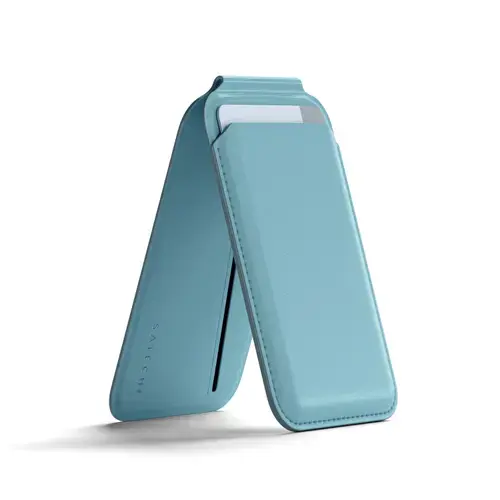 Stand tip Portofel Magnetic Satechi AP-MWSB, din piele vegana, Magsafe (Albastru deschis)