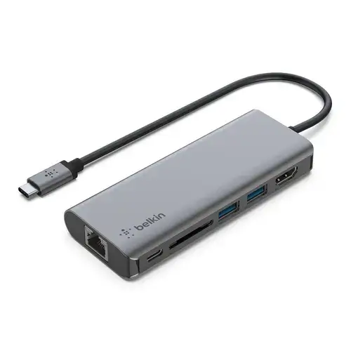 HUB USB Belkin CONNECT AVC008btSGY, USB-C, 6in1, HDMI, USB-C PD, USB-A 3.0, Card Reader SD (Gri)