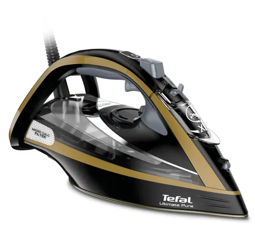 Fier de calcat Tefal FV 9847 Ultimate Pure, 3200 W, Rezervor 0.35 l, Debit de abur 60 gmin, Jet de abur 260 g/min, Talpa Durilium AirGlide, Anti-Calcar (Negru/Auriu)