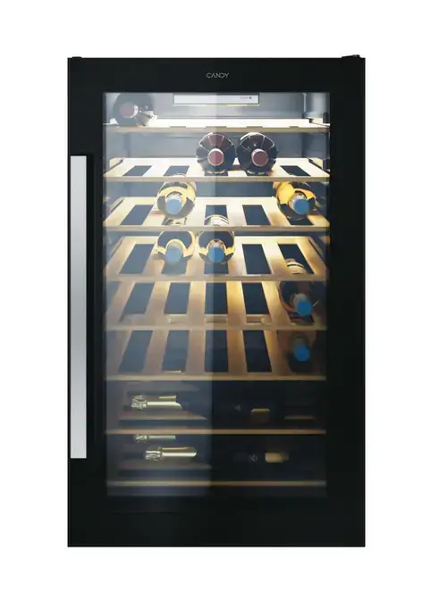 Racitor vinuri Candy CWC 154 EEL/NF, 7 rafturi din lemn, capacitate 41 sticle, Clasa G, iluminare interioara LED, panou control cu afisaj electronic (Negru)