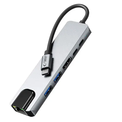 Hub USB-C Tech-Protect HB02, 1 x USB-A, 1 x USB-A 3.0, 2 x USB-C, 1 x HDMI, 1 x RJ45 (Gri)