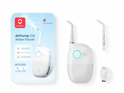 Irigator bucal OClean AirPump 10, 3 moduri, 1200 mAh, Autonomie pana la 40 zile, IPX7, Indeparteaza pana la 99% din placa bacteriana (Alb)
