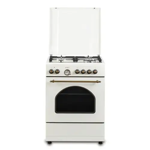 Aragaz Rustic SAMUS SR660EL1CW, Gaz, 4 arzatoare, Aprindere electrica, Wok, Cuptor electric, 56 l, 6 functii, Grill, Ventilator, Timer, Sigurante (Bej)