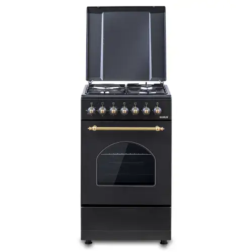 Aragaz Rustic SAMUS SR550EL3B1, Gaz+Electric, Aprindere electrica, 3 arzatoare gaz + 1 electric, Cuptor electric 48 l, 3 functii, Timer mecanic (Negru)