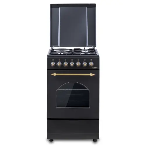 Aragaz Rustic SAMUS SR550EL3B1, Gaz+Electric, Aprindere electrica, 3 arzatoare gaz + 1 electric, Cuptor electric 48 l, 3 functii, Timer mecanic (Negru)