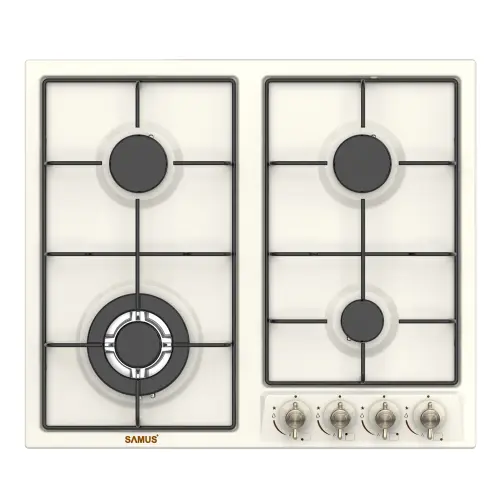 Plita incorporabila rustica SAMUS PSG-64VS3, Gaz, 4 arzatoare, Wok, Gratare metalice, Aprindere electrica, 58 cm (Bej)