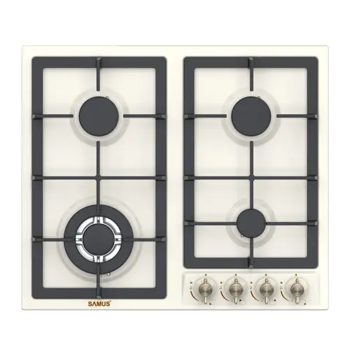 Plita incorporabila rustica SAMUS PSG-64VS2, Gaz, 4 arzatoare, Wok, Gratare din fonta, Sisteme de siguranta arzatoare, Aprindere electrica, 58 cm (Bej)