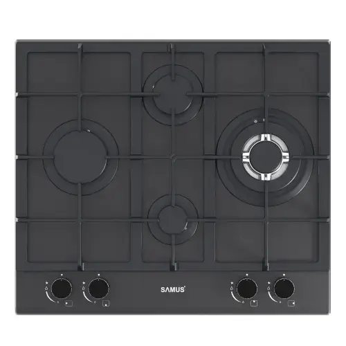 Plita incorporabila SAMUS PSG-64SMGN2, Gaz, 4 arzatoare, Gratare din fonta, Aprindere electrica, Sticla mata, 58 cm (Negru)