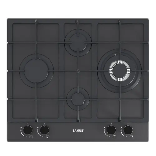 Plita incorporabila SAMUS PSG-64SMGN2, Gaz, 4 arzatoare, Gratare din fonta, Aprindere electrica, Sticla mata, 58 cm (Negru)