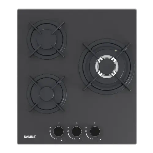 Plita incorporabila SAMUS PSG-43SMGN1, Gaz, 3 arzatoare, Gratare din fonta, Sticla neagra mata (Negru)