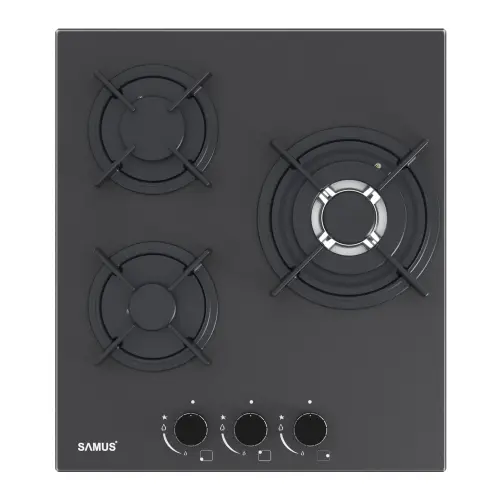 Plita incorporabila SAMUS PSG-43SMGN1, Gaz, 3 arzatoare, Gratare din fonta, Sticla neagra mata (Negru)
