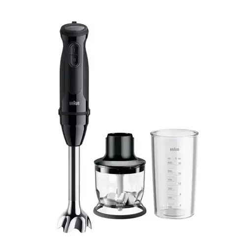 Blender de mana Braun MultiQuick 3 MQ30201M, 900 W, 2 viteze, Pahar 0.6 l, Tocator 0.35 l (Negru)