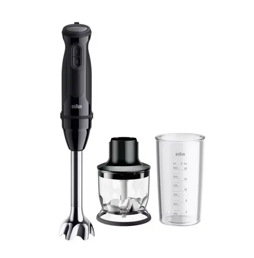 Blender de mana Braun MultiQuick 3 MQ30201M, 900 W, 2 viteze, Pahar 0.6 l, Tocator 0.35 l (Negru)