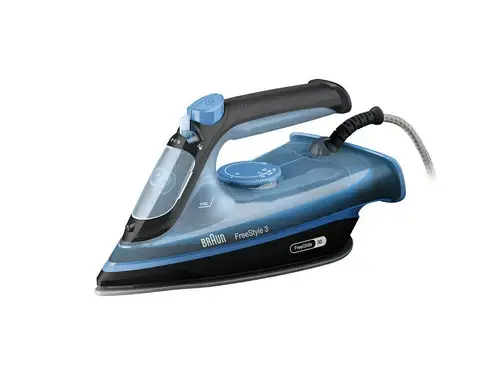 Fier de calcat Braun FreeStyle 3 FI3194BK, 2400W, Jet de abur 200g/min, abur variabil 0-45 g/min, talpa SuperCeramic, rezervor 270 ml, tehnologie FreeGlide, oprire automata, sistem antipicurare (Negru/Albastru)