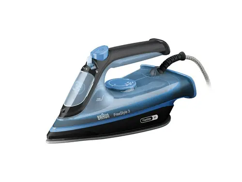 Fier de calcat Braun FreeStyle 3 FI3194BK, 2400W, Jet de abur 200g/min, abur variabil 0-45 g/min, talpa SuperCeramic, rezervor 270 ml, tehnologie FreeGlide, oprire automata, sistem antipicurare (Negru/Albastru)