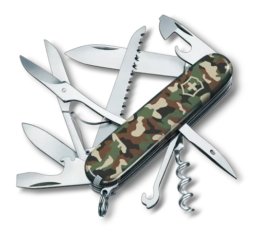 Briceag multifunctional Victorinox Huntsman Swiss Army Knife, 15 functii, Lama mica/mare, Tirbuson, Alezor, Perforator si punte de cusut, Foarfece, Ferastrau, Carlig, Breloc, Penseta, Surubelnita (Camuflaj)