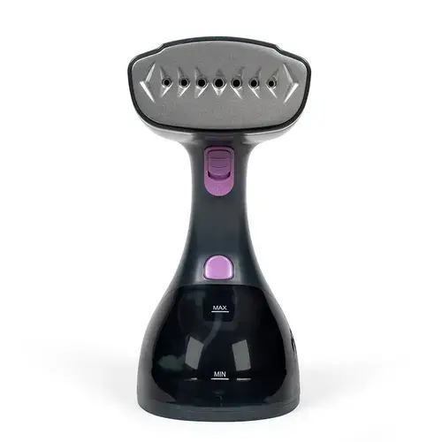 Aparat de calcat vertical cu abur Livoo DOM 479, 1500 W, talpa acoperita cu ceramica, 2 nivele de abur continuu pana la 25 gr/min, rezervor detasabil de 300ml, ecran cu functie tactila LED, buton de blocare cu abur, perie pentru stofa si scame (Gri/Viole
