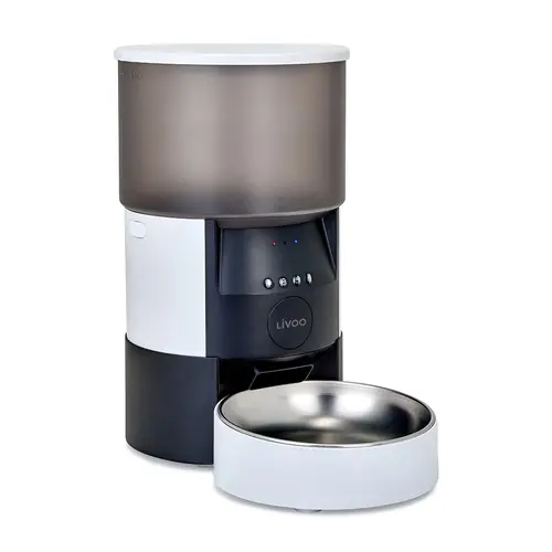 Dispenser hrana automat pentru caini si pisici Livoo PET 100, timpi si cantitati programabile, inregistrare voce, alimentare dubla: USB si baterii, conectare prin aplicatia TUYA compatibila IOS si Android, vas din otel inoxidabil, capacitate 3L (Alb/Negr