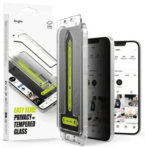 Folie de protectie Ecran Privacy Ringke Easy Slide pentru Apple iPhone 16e / 14 / 13 Pro / 13, Sticla Securizata, Full Glue, Set 2 bucati