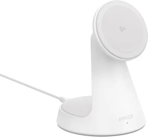 Incarcator wireless Anker MagGo Stand Qi2 360 15W, pentru iPhone 16/15/14/13/12 (Alb)