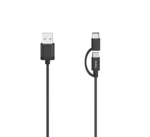 Cablu Hama 200616, microUSB, 2 in 1, adaptor USB-C, 0.75 m (Negru)