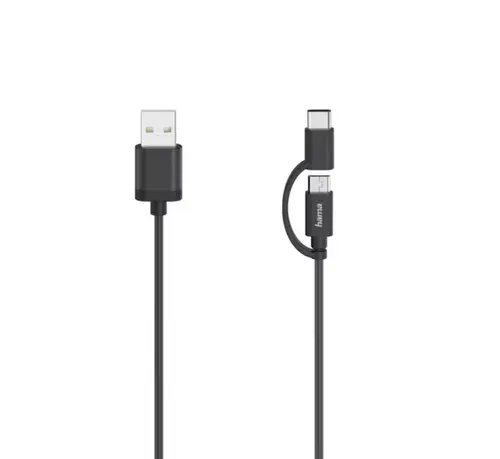 Cablu Hama 200616, microUSB, 2 in 1, adaptor USB-C, 0.75 m (Negru)