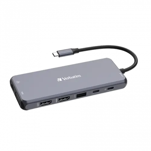 ​Hub USB Verbatim USB-C Pro Multiport 14-în-1, 2x HDMI (4K@60Hz, 4K@30Hz), 1x VGA (1080p), 1x RJ45 Gigabit Ethernet, 3x USB-A 3.2 Gen1, 2x USB-A 2.0, 1x USB-C 3.2 Gen1, 1x USB-C PD 100W, Cititor SD/microSD, Jack Audio 3,5 mm (Gri)​