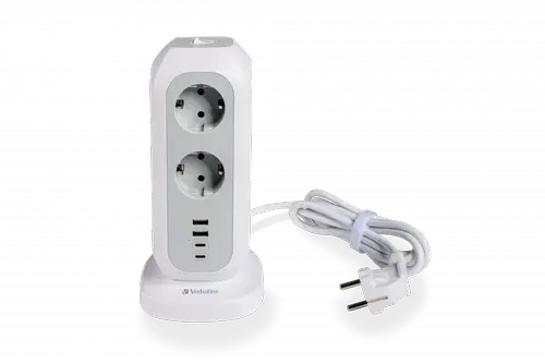 Turn de alimentare Verbatim EUPT-01, 11 prize AC, 2x USB-C, 2x USB-A, design vertical compact, protectie la suprasarcina, cablu 2 m, comutator on/off, material ignifug, obloane de siguranta pentru copii, putere maxima 3600W (Alb)​​