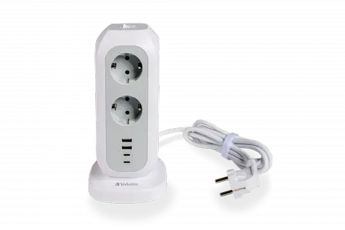Turn de alimentare Verbatim EUPT-01, 11 prize AC, 2x USB-C, 2x USB-A, design vertical compact, protectie la suprasarcina, cablu 2 m, comutator on/off, material ignifug, obloane de siguranta pentru copii, putere maxima 3600W (Alb)​​