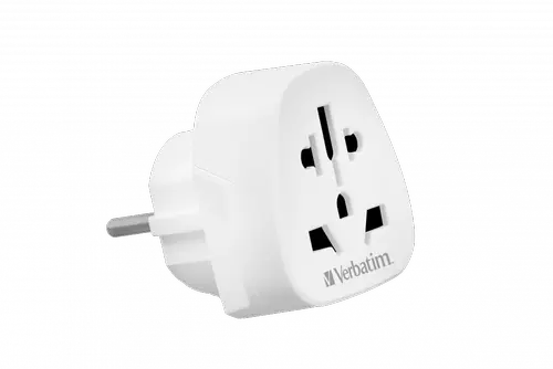 Adaptor de calatorie Verbatim WTEU-02, transformare la priza europeana cu 2 pini, design compact, material ignifug, protectie pentru copii, 10A, 2500W, 100-250V (Alb)