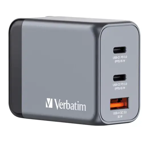 Incarcator retea Verbatim GNC-65, 65 W, 2x USB Type-C, 1x USB-A EU/UK/US (Negru/Gri)