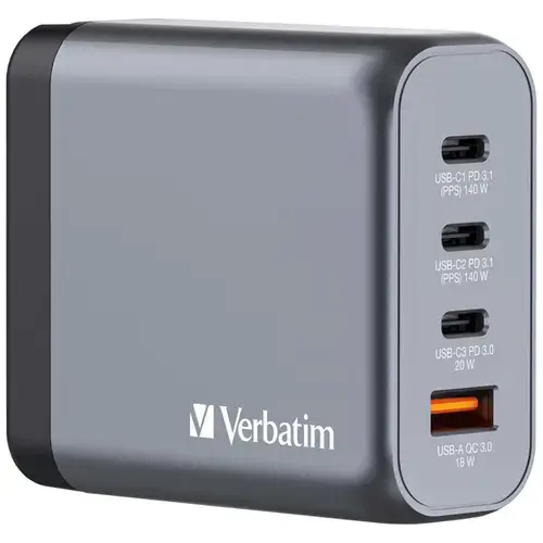 Incarcator retea Verbatim GaN GNC-140, 140 W, 2 x USB-C PD 140W, 1x USB-C PD 20W, 1 x USB-A QC 3.0 (Negru/Gri)