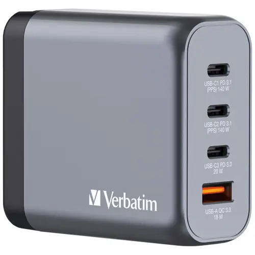 Incarcator retea Verbatim GaN GNC-140, 140 W, 2 x USB-C PD 140W, 1x USB-C PD 20W, 1 x USB-A QC 3.0 (Negru/Gri)