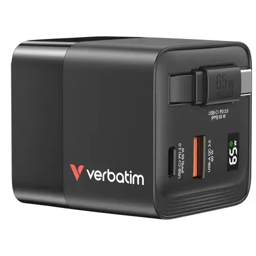 Incarcator retea Verbatim GaN, 65 W, 2 x USB-C PD 65 W, 1 x USB-A QC 3.0, Cablu retractabil (Negru/Gri)