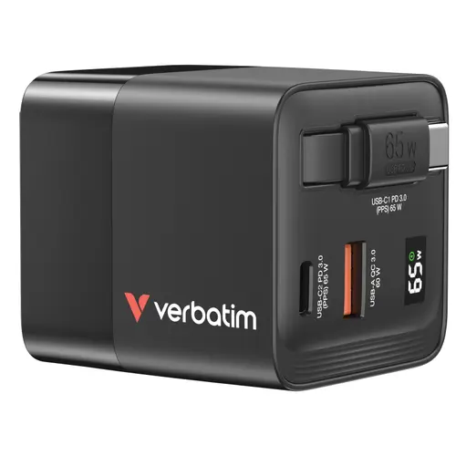 Incarcator retea Verbatim GaN, 65 W, 2 x USB-C PD 65 W, 1 x USB-A QC 3.0, Cablu retractabil (Negru/Gri)
