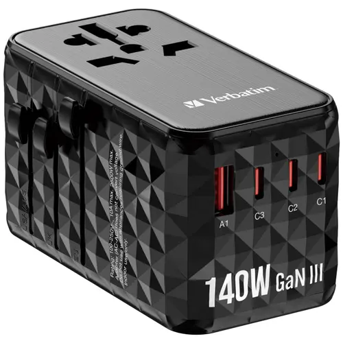 Incarcator retea de calatorie universal Verbatim GaN3, 140 W, 3x USB Type-C, 1x USB-A QC 3.0 (Negru)