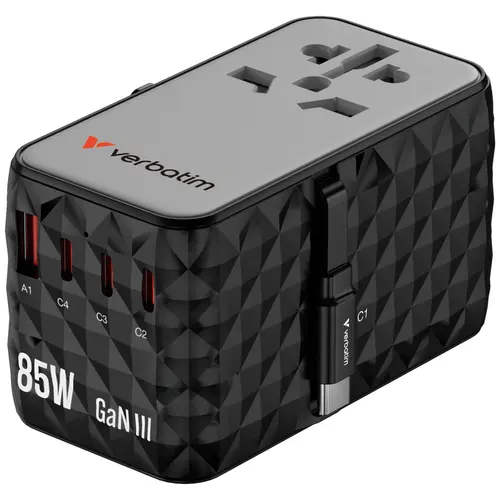 Incarcator retea de calatorie universal Verbatim GaN II, 85 W, 4xUSB-C PD, 1x USB-A QC (Negru)