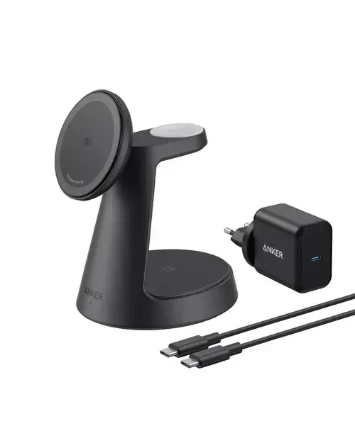 Incarcator wireless magnetic Anker MagGo 3-in-1 MagSafe Qi2 15 W, incarcator si cablu inclus (Negru)