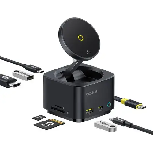 Docking station Baseus MagPro Series 7-in-1, incarcare wireless magnetica 15W, 4K HDMI, 2x USB-A, 1x UBS-C, 1x TF/SD, 1x PD (Negru)