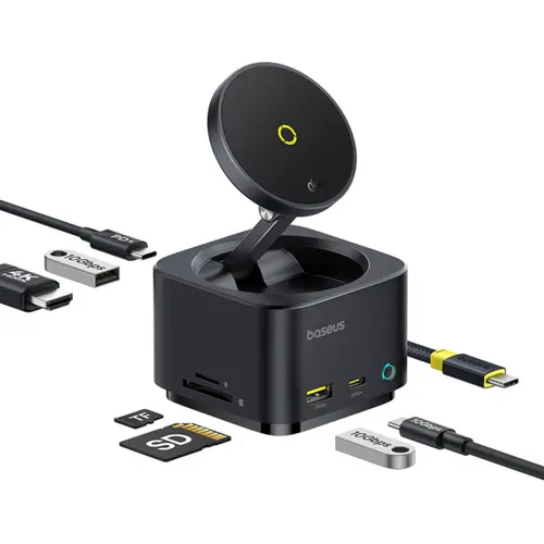 Docking station Baseus MagPro Series 7-in-1, incarcare wireless magnetica 15W, 4K HDMI, 2x USB-A, 1x UBS-C, 1x TF/SD, 1x PD (Negru)
