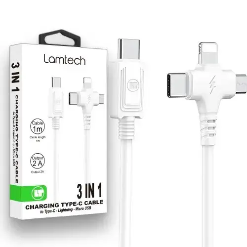 Cablu de incarcare Lamtech, 3in1, USB la Type-C/Lightning/Micro USB, 2A, 1m, 5202021113119, Alb