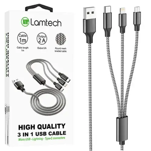 Cablu Date si Incarcare Lamtech, 3in1, USB la Type-C/Lightning/Micro USB, Invelis metalic, 2A, 1m, Negru
