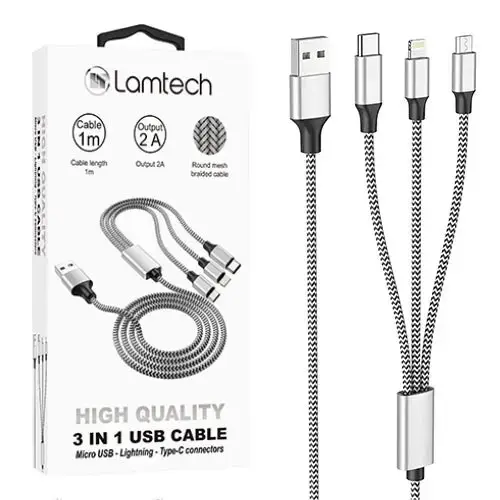 Cablu Date si Incarcare Lamtech, 3in1, USB la Type-C/Lightning/Micro USB, Invelis metalic, 2A, 1m, Argintiu