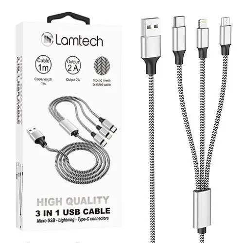Cablu Date si Incarcare Lamtech, 3in1, USB la Type-C/Lightning/Micro USB, Invelis metalic, 2A, 1m, Argintiu