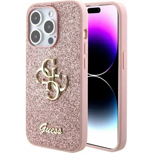 Husa de protectie Guess PU Fixed Glitter 4G Metal Logo Case for iPhone 15 Pro Max (Roz)