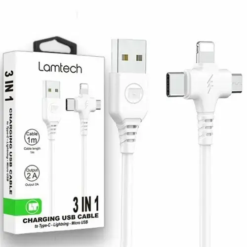 Cablu Date si Incarcare Lamtech 3in1 USB la Type-C/Lightning/Micro USB 2A 1m, Alb