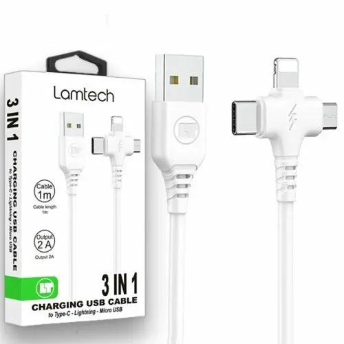 Cablu Date si Incarcare Lamtech 3in1 USB la Type-C/Lightning/Micro USB 2A 1m, Alb