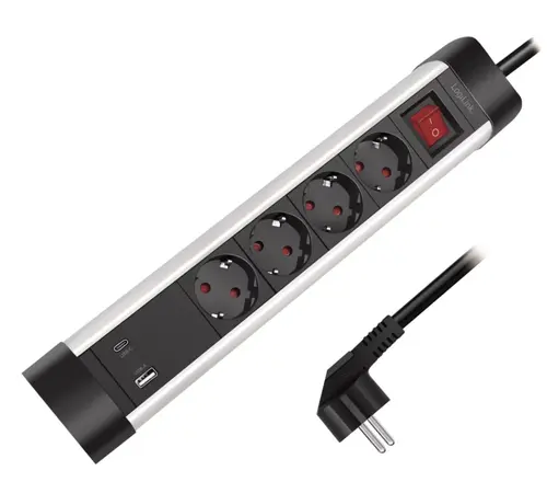 Prelungitor Logilink LPS278U, 4 prize, 1x USB-C PD 3.0, 1x USB-A QC 3.0, 20W, intrerupator iluminat, IP20, H05VV-F 3G 1.5 mm², 1.5 m, Aluminiu (Negru/Argintiu)
