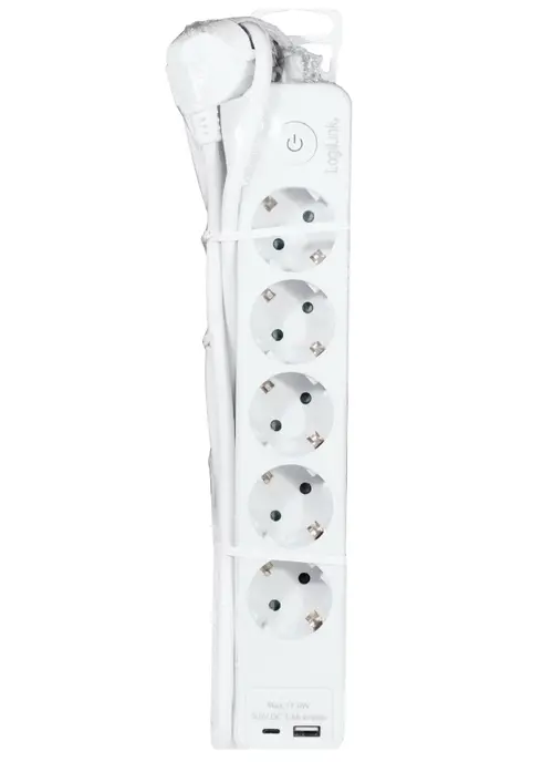 Prelungitor Logilink LPS280U, 5 prize, 1x USB-C, 1x USB-A, 17W, intrerupator, protectie la suprasarcina, IP20, H05VV-F 3G 1.5 mm², 1.5 m (Alb)